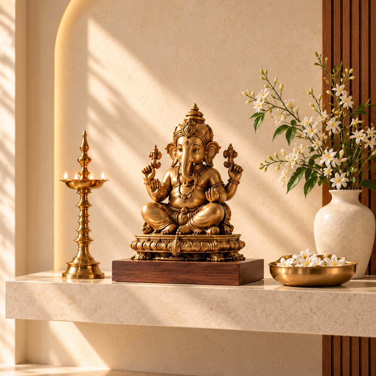 Warmly styled brass Ganesha shrine and traditional home décor
